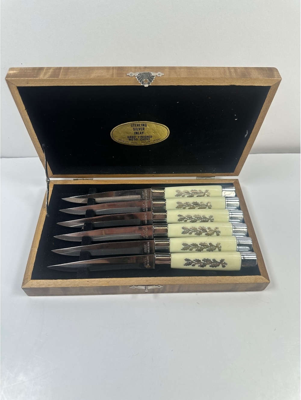 VTG MCM Arnut Japan Sterling Silver Inlay Knives Stainless Steel Steak Knives 6